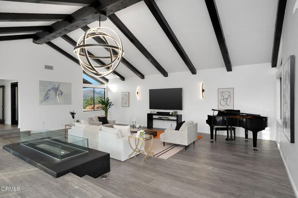 Interior, Living room, Pendant Lights, Piano, Wooden Beams, Wood Texture Flooring