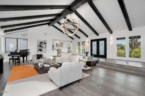 Interior, Living room, Pendant Lights, Piano, Wooden Beams, Wood Texture Flooring