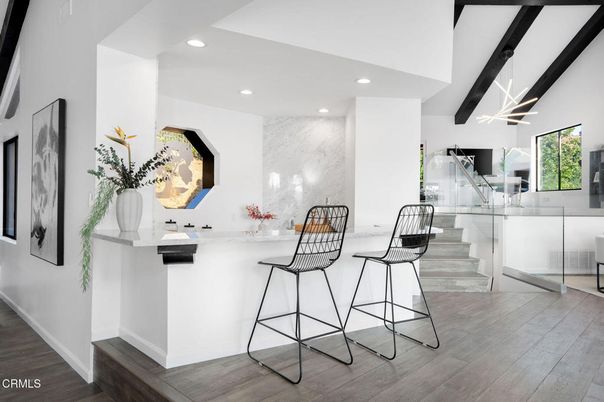 Interior, Marble Walls, Pendant Lights, Recessed Lighting, Wood Texture Flooring