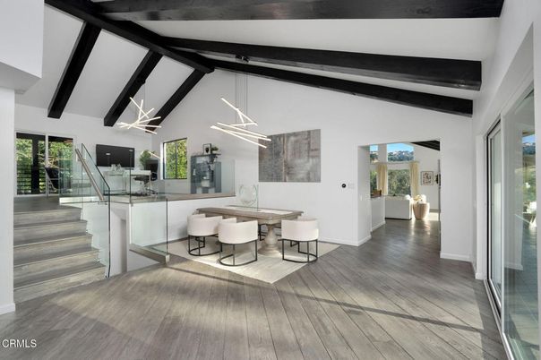 Chandelier, Dining room, Interior, Pendant Lights, Wooden Beams, Wood Texture Flooring