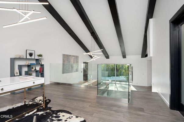 Home Office, Interior, Pendant Lights, Wooden Beams, Wood Texture Flooring