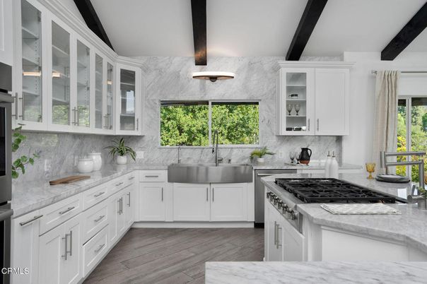 Interior, Kitchen, Marble Walls, Wooden Beams, Wood Texture Flooring