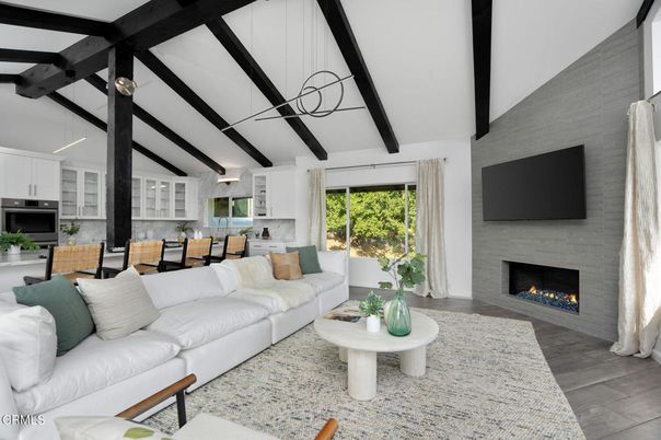 Dining room, Fireplace, Interior, Kitchen, Living room, Pendant Lights, Stainless Steel Appliances, Wooden Beams, Wood Texture Flooring