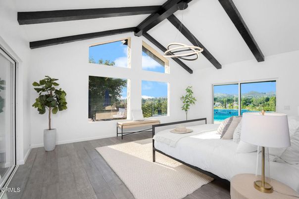 Bedroom, Interior, Pendant Lights, Wooden Beams, Wood Texture Flooring