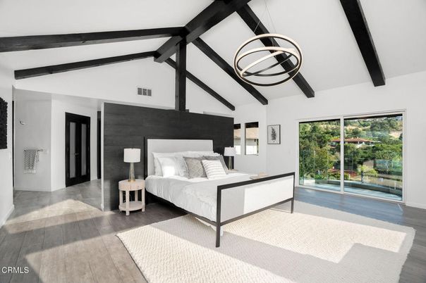 Bedroom, Interior, Pendant Lights, Wooden Beams, Wood Texture Flooring