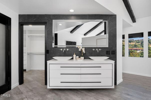 Bathroom, Dual Sink Vanities, Interior, Recessed Lighting, Walk-in Closets, Wood Texture Flooring