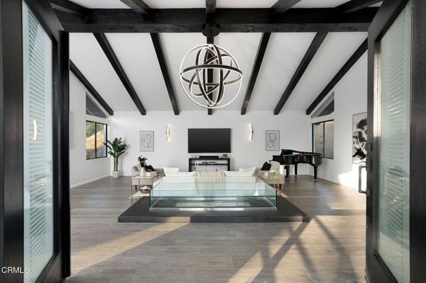 Interior, Living room, Pendant Lights, Piano, Wooden Beams, Wood Texture Flooring