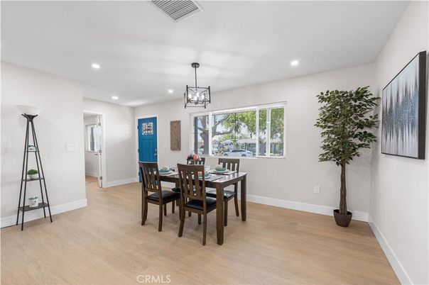 Dining room, Interior, Pendant Lights, Recessed Lighting, Wood Texture Flooring