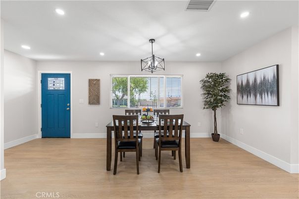 Dining room, Interior, Pendant Lights, Recessed Lighting, Wood Texture Flooring
