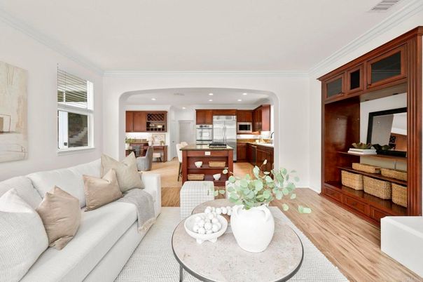 Interior, Kitchen, Living room, Recessed Lighting, Stainless Steel Appliances, Wood Texture Flooring
