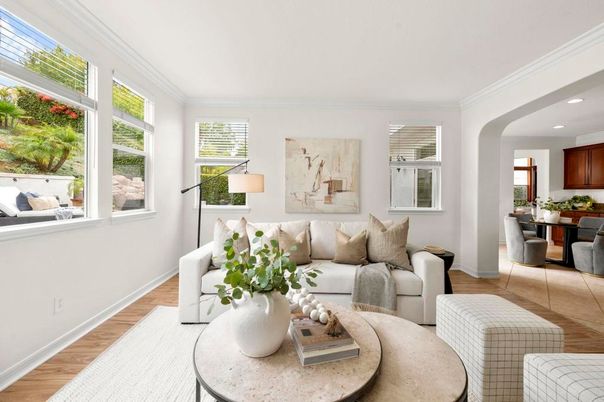 Dining room, Interior, Living room, Recessed Lighting, Wood Texture Flooring