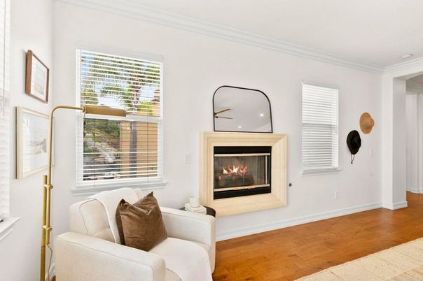Fireplace, Interior, Recessed Lighting, Wood Texture Flooring