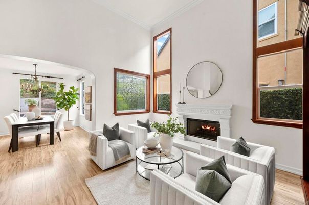 Dining room, Fireplace, Interior, Living room, Pendant Lights, Wood Texture Flooring