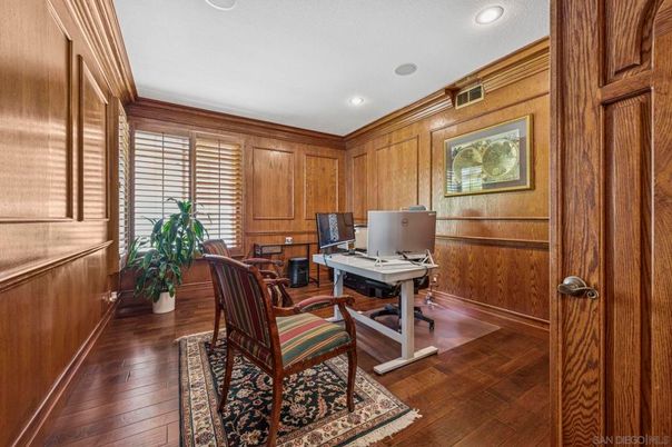 Home Office, Interior, Recessed Lighting, Wood Texture Flooring, Wooden Walls