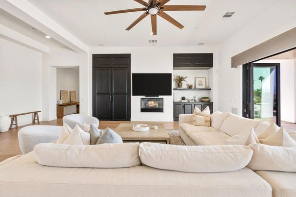 Fireplace, Interior, Living room, Recessed Lighting, Wood Texture Flooring