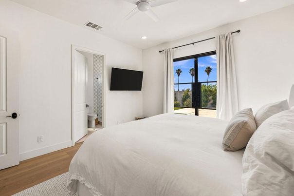 Bedroom, Interior, Recessed Lighting, Wood Texture Flooring
