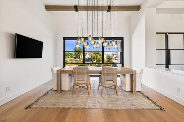 Dining room, Interior, Pendant Lights, Wooden Beams, Wood Texture Flooring