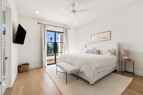 Bedroom, Interior, Recessed Lighting, Wood Texture Flooring
