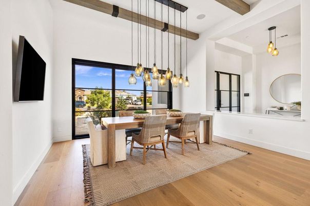 Dining room, Interior, Pendant Lights, Wooden Beams, Wood Texture Flooring