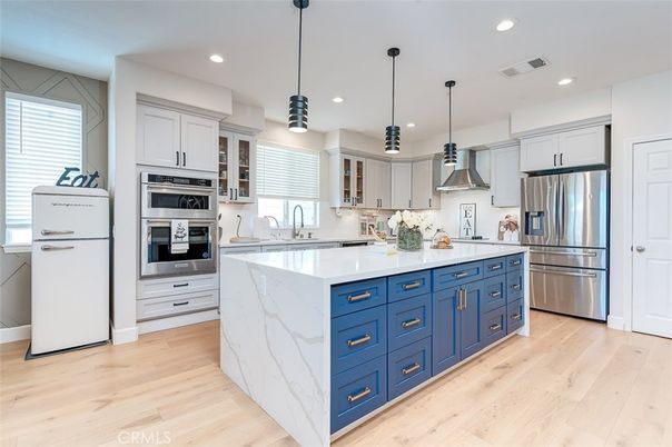 Interior, Kitchen, Pendant Lights, Recessed Lighting, Stainless Steel Appliances, Wood Texture Flooring
