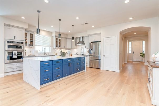 Interior, Kitchen, Pendant Lights, Recessed Lighting, Stainless Steel Appliances, Wood Texture Flooring