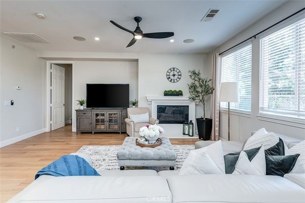 Fireplace, Interior, Living room, Recessed Lighting, Wood Texture Flooring
