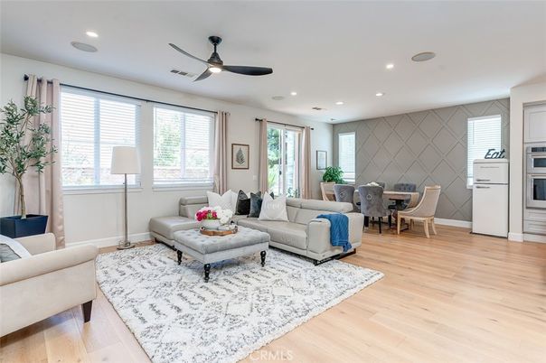 Dining room, Interior, Living room, Recessed Lighting, Stainless Steel Appliances, Wood Texture Flooring