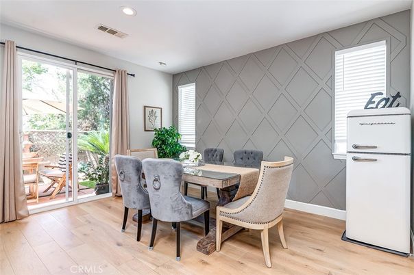 Dining room, Interior, Recessed Lighting, Wood Texture Flooring