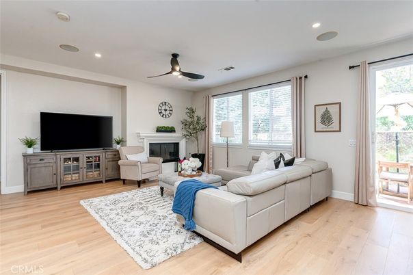 Fireplace, Interior, Living room, Recessed Lighting, Wood Texture Flooring