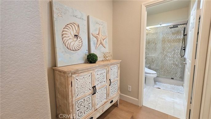 Bathroom, Glass Shower, Interior, Wood Texture Flooring