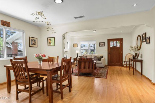 Dining room, Interior, Living room, Recessed Lighting, Wood Texture Flooring