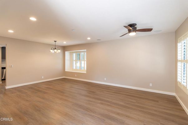 Chandelier, Empty room, Interior, Recessed Lighting, Wood Texture Flooring
