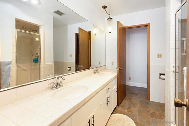 Bathroom, Dual Sink Vanities, Glass Shower, Interior, Tile Countertops