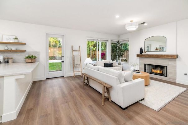 Fireplace, Interior, Living room, Recessed Lighting, Wood Texture Flooring