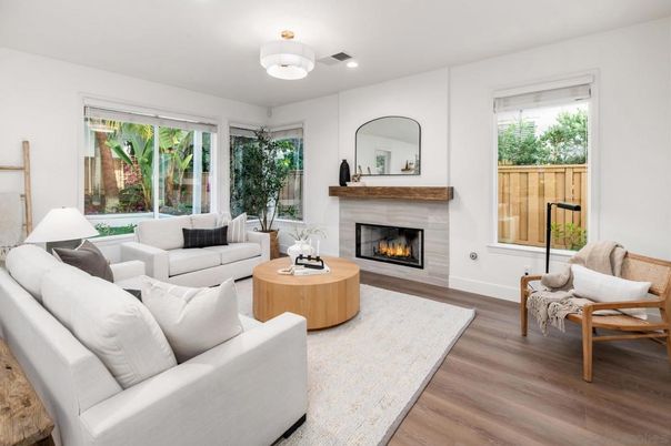 Fireplace, Interior, Living room, Recessed Lighting, Wood Texture Flooring