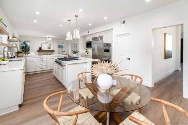 Dining room, Interior, Kitchen, Pendant Lights, Recessed Lighting, Stainless Steel Appliances, Wood Texture Flooring
