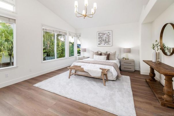 Bedroom, Chandelier, Interior, Wood Texture Flooring