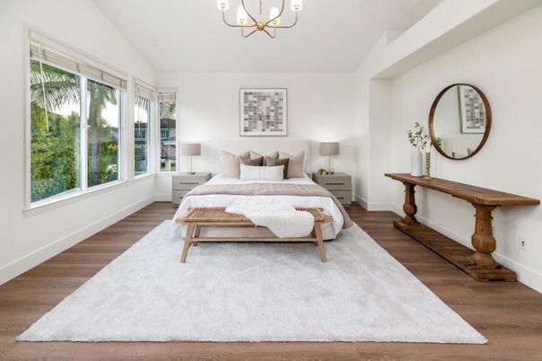 Bedroom, Chandelier, Interior, Wood Texture Flooring