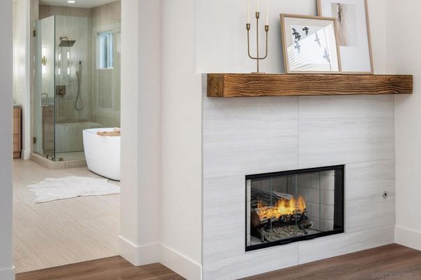 Bathroom, Fireplace, Glass Shower, Interior, Wood Texture Flooring