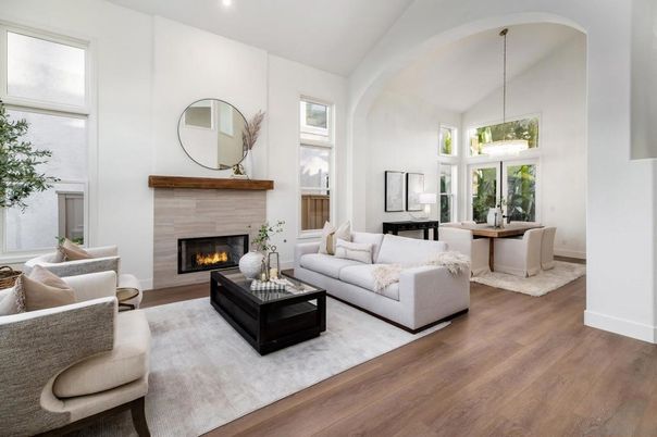 Dining room, Fireplace, Interior, Living room, Pendant Lights, Recessed Lighting, Wood Texture Flooring