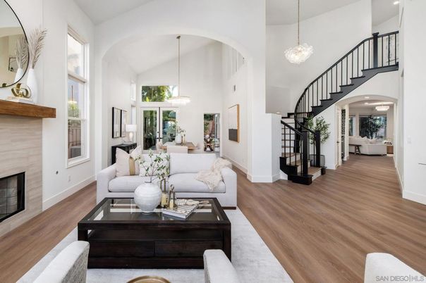 Fireplace, Interior, Living room, Pendant Lights, Wood Texture Flooring