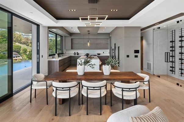 Dining room, Interior, Kitchen, Pendant Lights, Recessed Lighting, Wine Storage, Wood Texture Flooring
