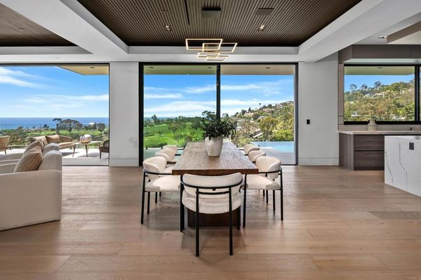 Dining room, Interior, Pendant Lights, Recessed Lighting, Water, Wood Texture Flooring