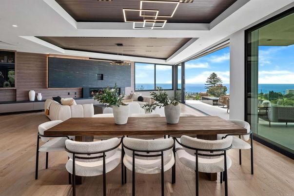Dining room, Interior, Recessed Lighting, Water, Wooden Ceilings, Wood Texture Flooring