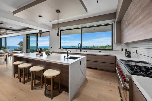 Interior, Kitchen, Pendant Lights, Stainless Steel Appliances, Water, Wood Texture Flooring
