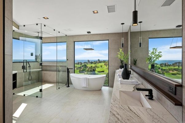 Bathroom, Free Standing Baths, Glass Shower, Interior, Marble, Pendant Lights, Recessed Lighting, Water