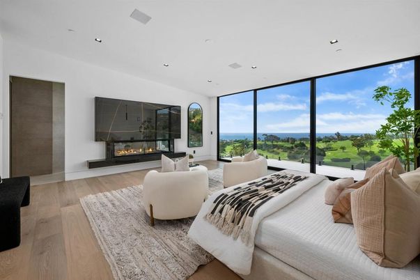 Bedroom, Fireplace, Interior, Living room, Recessed Lighting, Water, Wood Texture Flooring