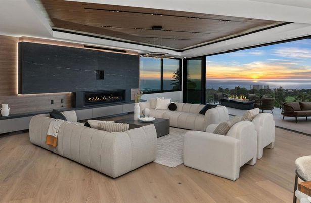 Fireplace, Interior, Living room, Pendant Lights, Water, Wooden Ceilings, Wood Texture Flooring