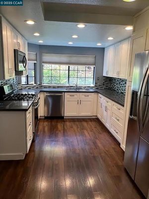 Interior, Kitchen, Recessed Lighting, Stainless Steel Appliances, Wood Texture Flooring
