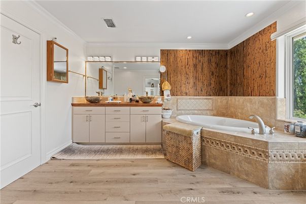 Bathroom, Dual Sink Vanities, Interior, Recessed Lighting, Wood Texture Flooring